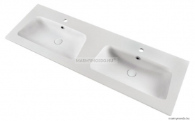 MARMY - BROOKE - Dupla mosdó - Fényes fehér öntött márvány 140x46 - Lekerekített - Pultba süllyeszthető, bútorra szerelhető