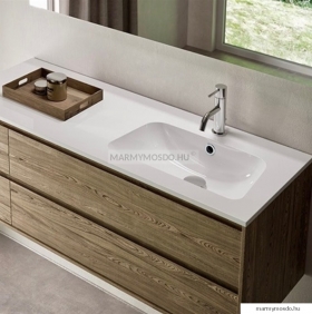 MARMY - BROOKE - Aszimmetrikus mosdó - Fényes fehér öntött márvány - Jobbos 120x46 - Pultra, bútorra szerelhető 