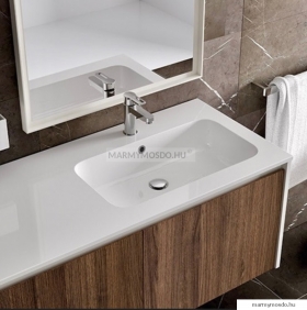 MARMY - CALVIN - Aszimmetrikus mosdó - Fényes fehér öntött márvány - Jobbos 120x46 - Pultra, bútorra szerelhető 